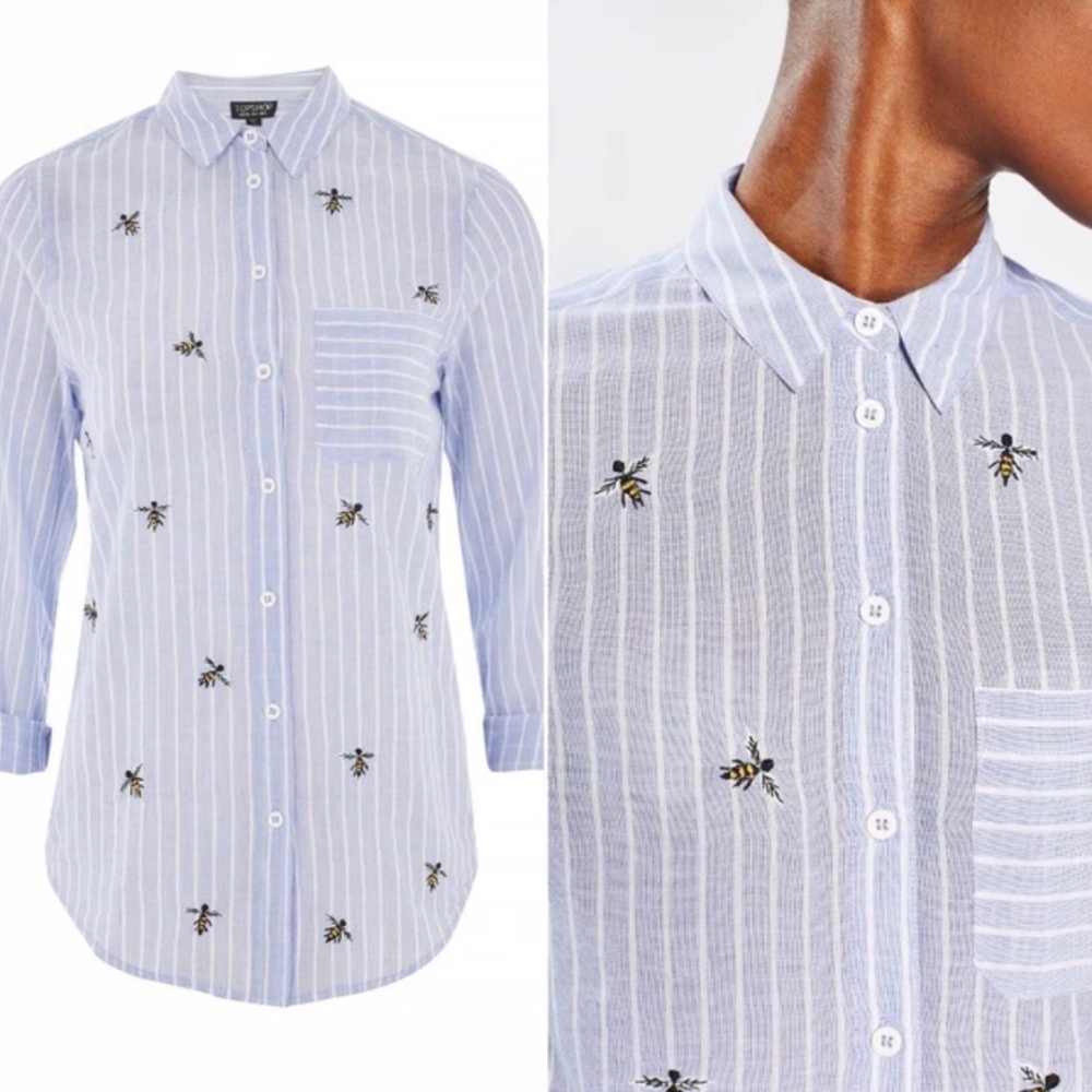 Topshop Blue and White Striped Embroidered Bee Shirt